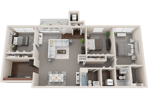 Floor plan for 3 beds, 2 baths, 1235 sqft